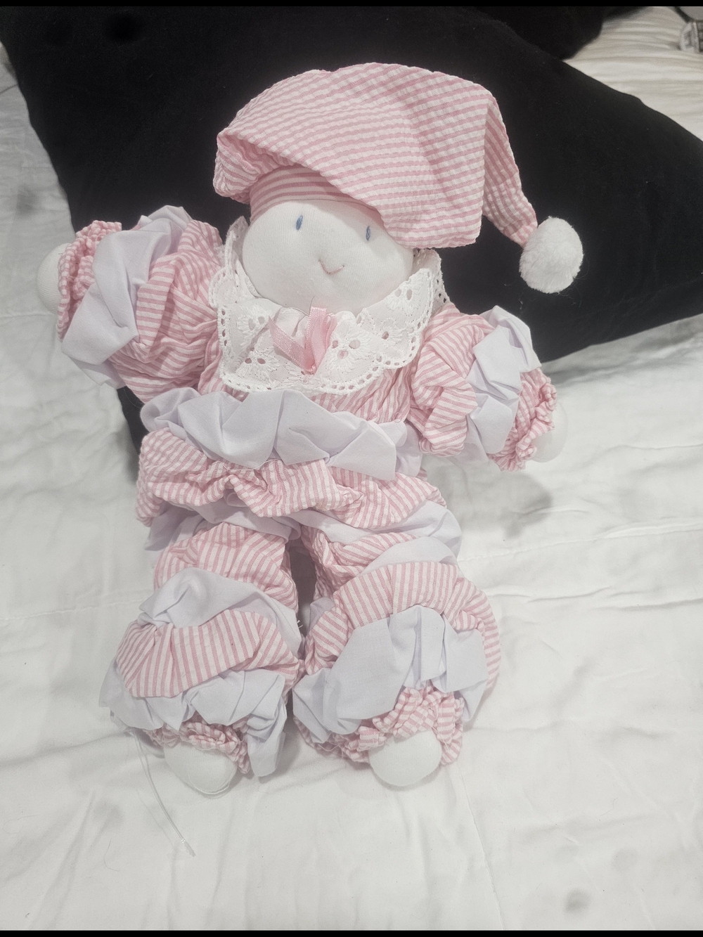 Pink And White Soft Rag Doll Plush With Hat 14 Inches